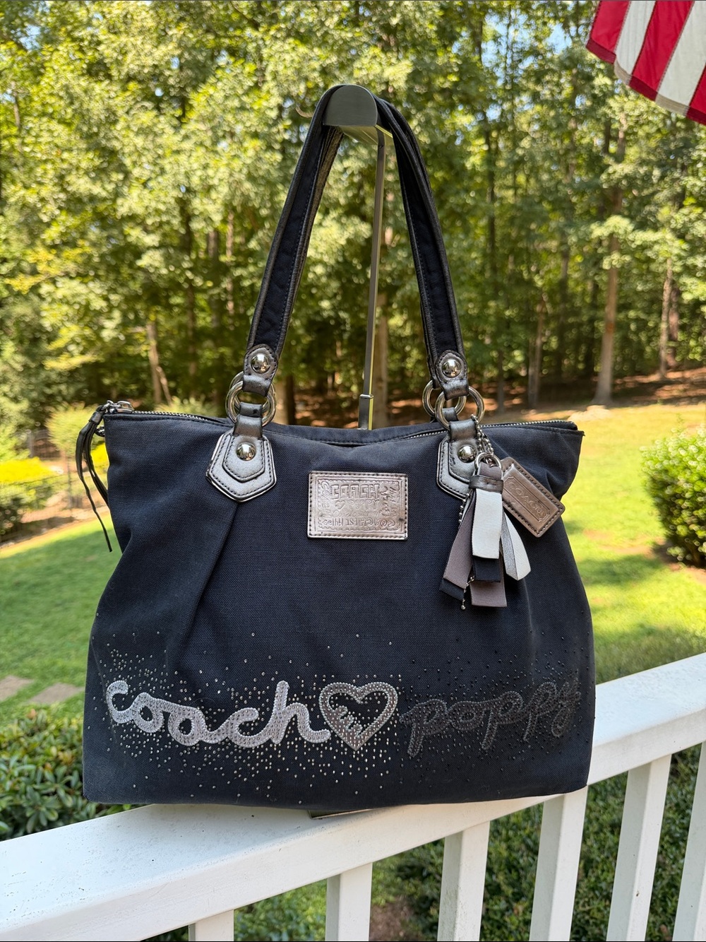 Coach Poppy Heart Black Canvas Rhinestone Tote and WRISTLET 3 HANG TAGS - Picture 5 of 17